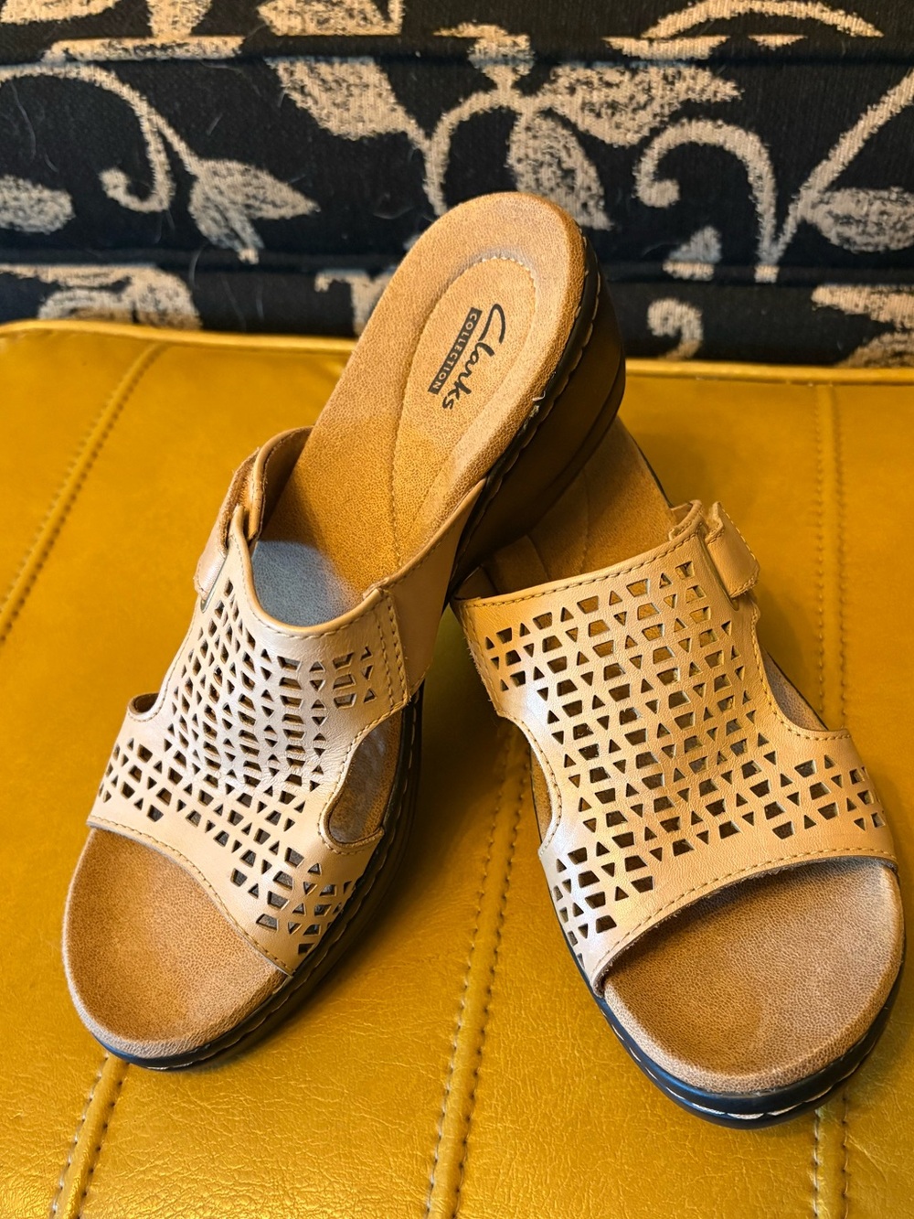 Clarks Women's Tan Laser-Cut Slip-On Wedge Mules